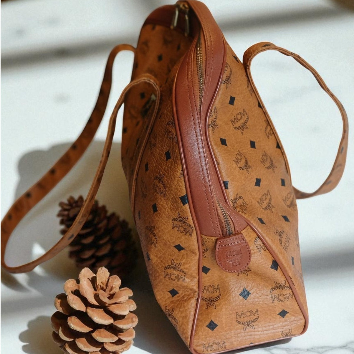 Vintage MCM Visetos Large Dome Shoulder Bag Cognac Monogram