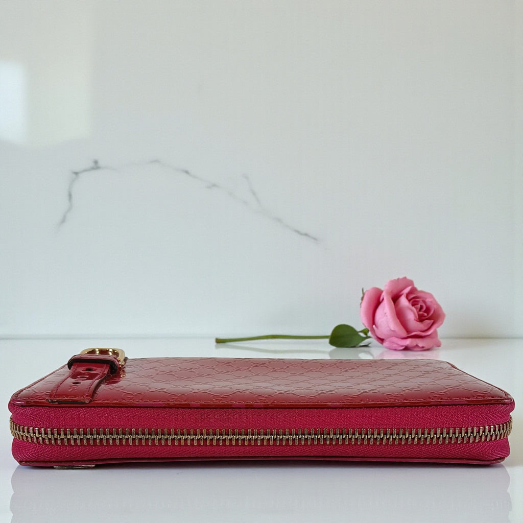 Gucci Shima GG Belted Zip Around Pink Enamel Leather Micro Long Wallet