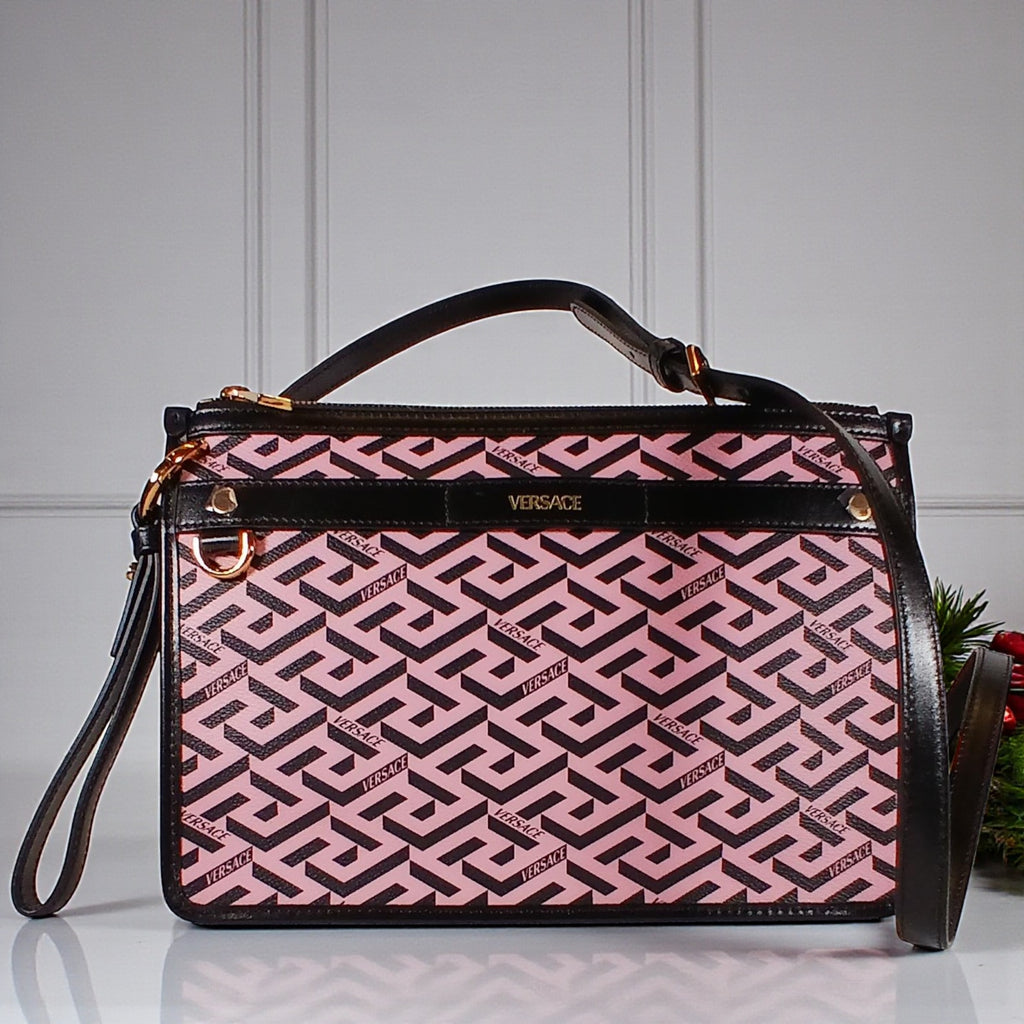 Versace La Greca Signature Coated Canvas Leather Crossbody Bag Pink/Black
