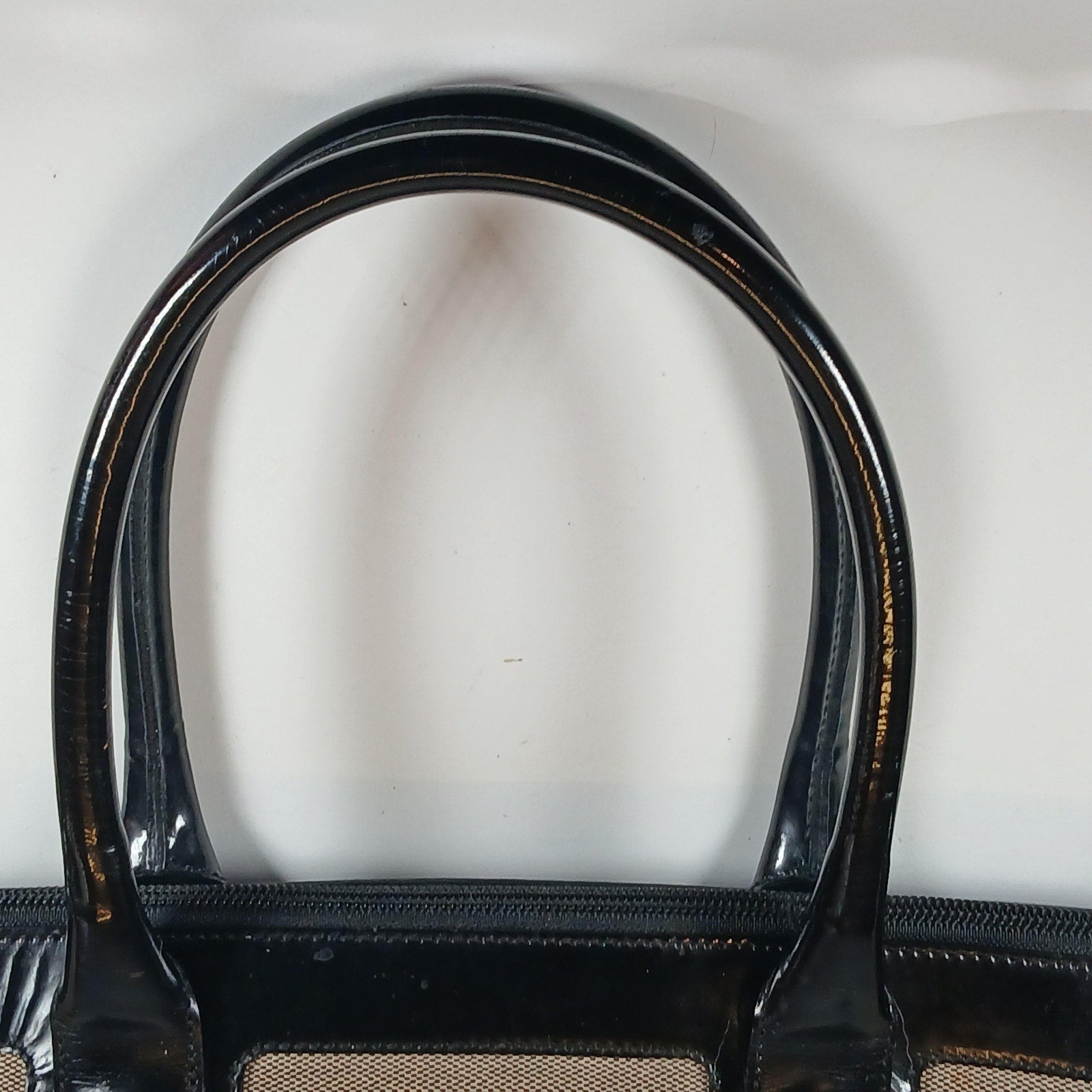 GUCCI Vintage Brown Canvas Tote Bag with Patent Leather Trim, Front Pocket