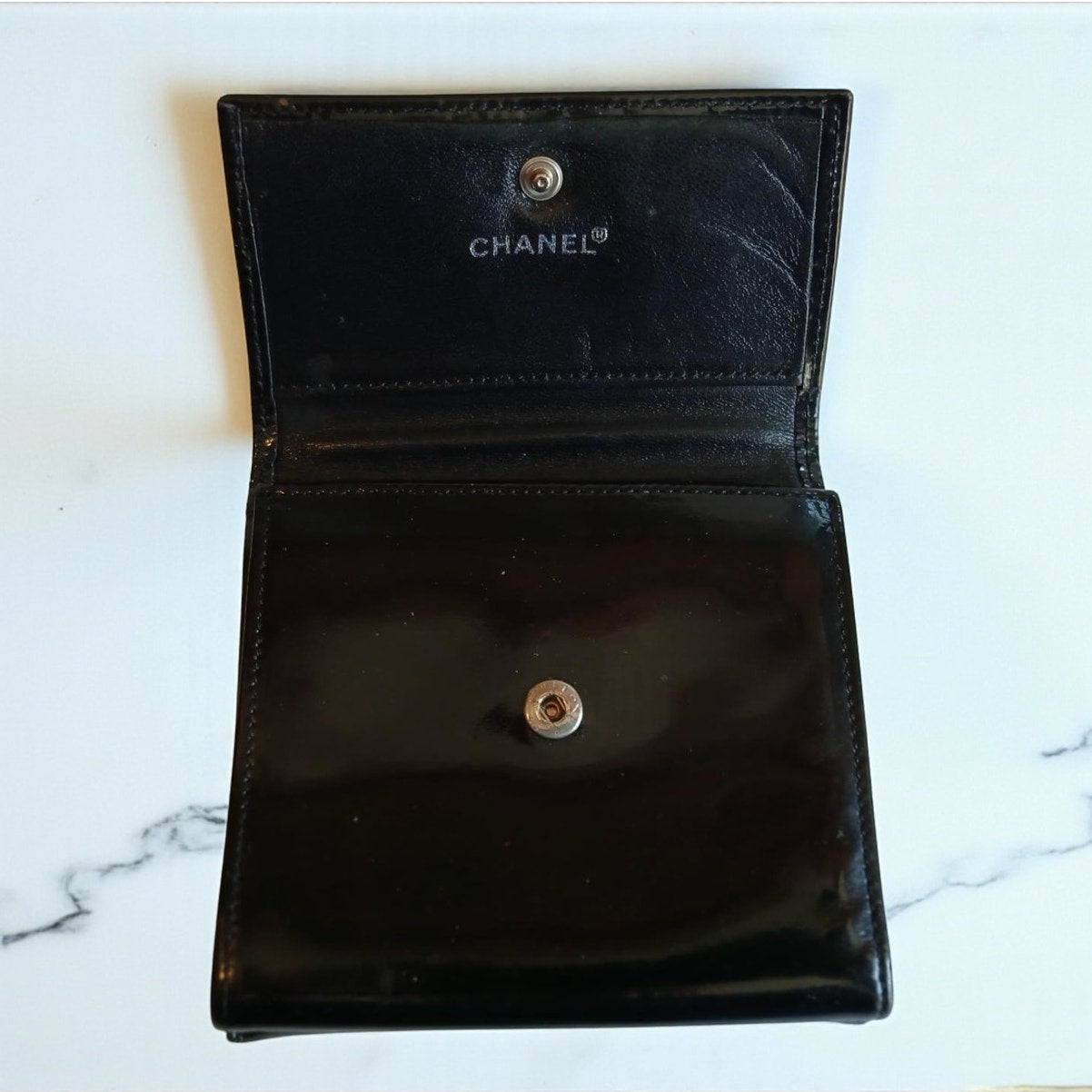 Chanel Patent Leather Black Trifold Compact Wallet