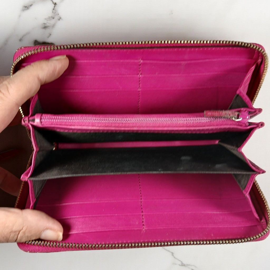 Gucci Shima GG Belted Zip Around Pink Enamel Leather Micro Long Wallet