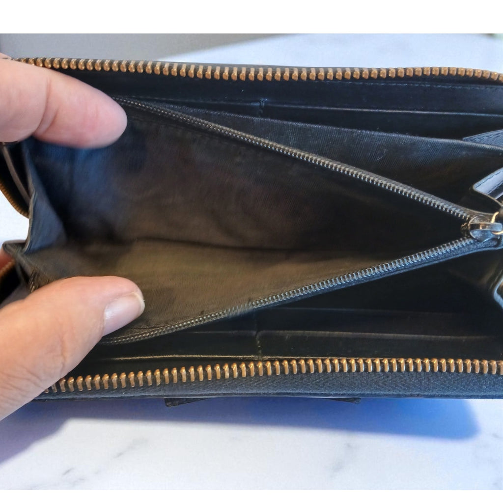 GUCCI GG Marmont Ribbon Long Wallet Round Zipper Black Leather - Authentic