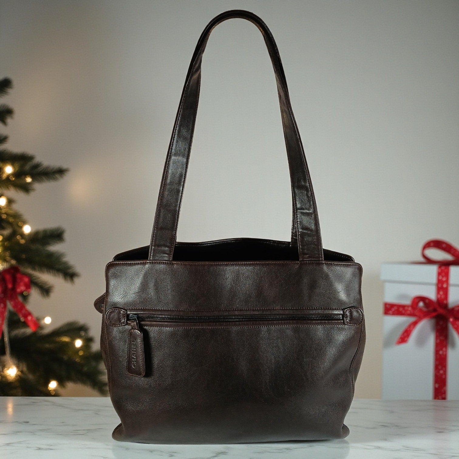 CHANEL Brown Coco Mark Lambskin Leather Tote Business Bag