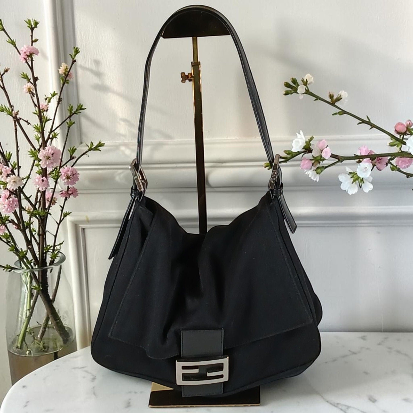 Fendi Mamma Black Neoprene Baguette Vintage Shoulder Bag