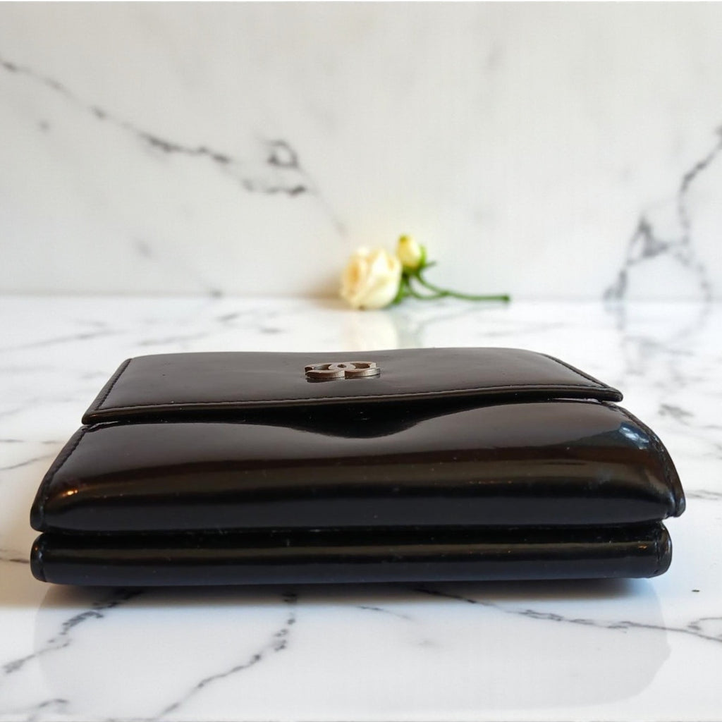 Chanel Patent Leather Black Trifold Compact Wallet