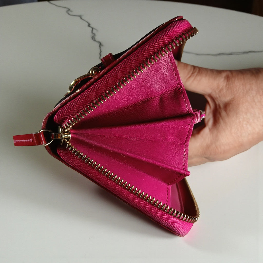 Gucci Shima GG Belted Zip Around Pink Enamel Leather Micro Long Wallet