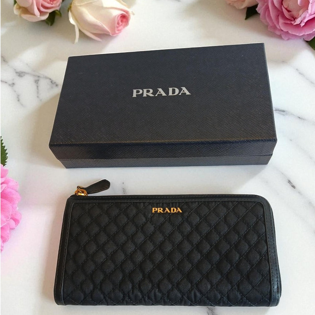 Prada Tessuto Nylon Quilted Zip Around Wallet in Black