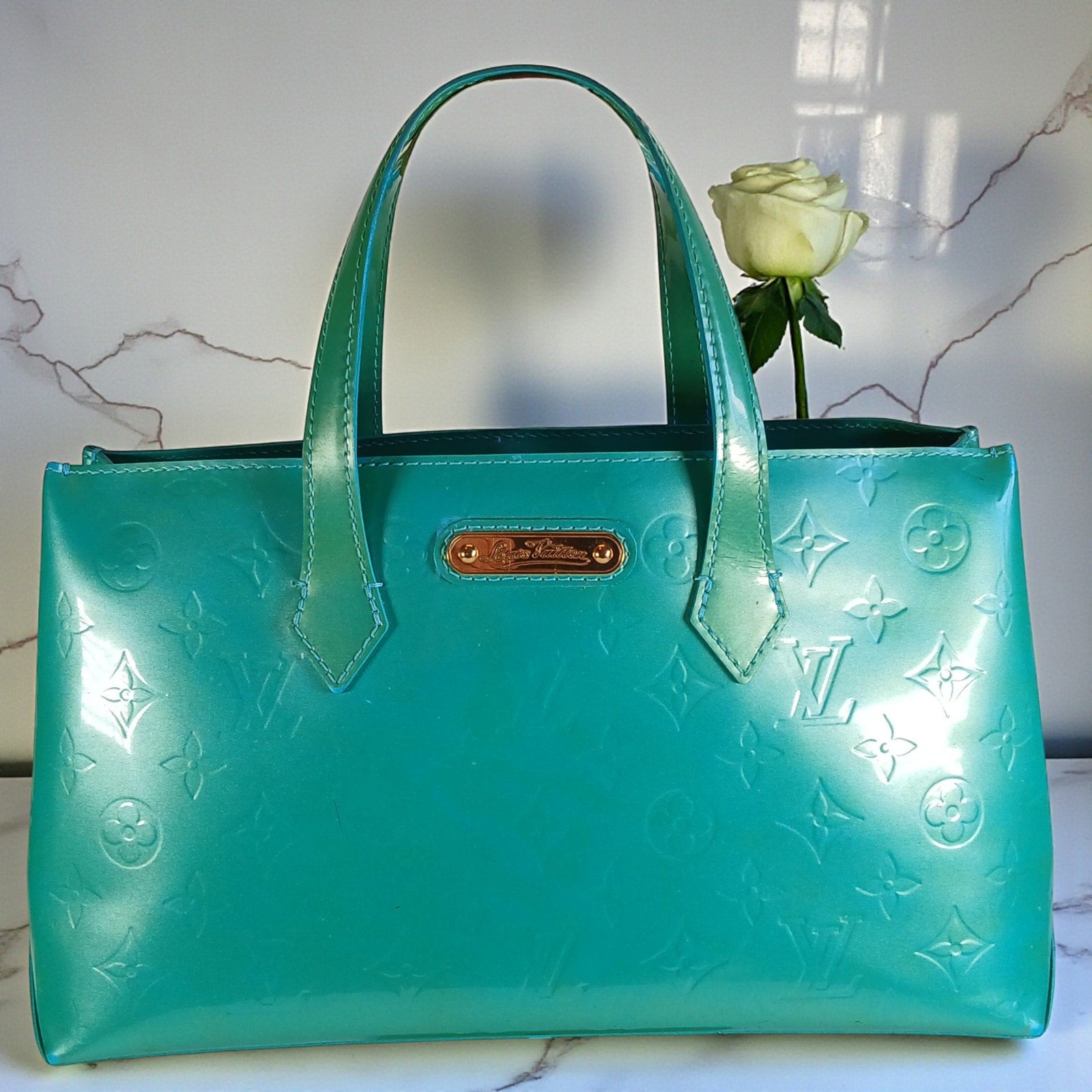 Louis Vuitton Monogram Vernis Wilshire PM Handbag Blue Lagon *RARE*
