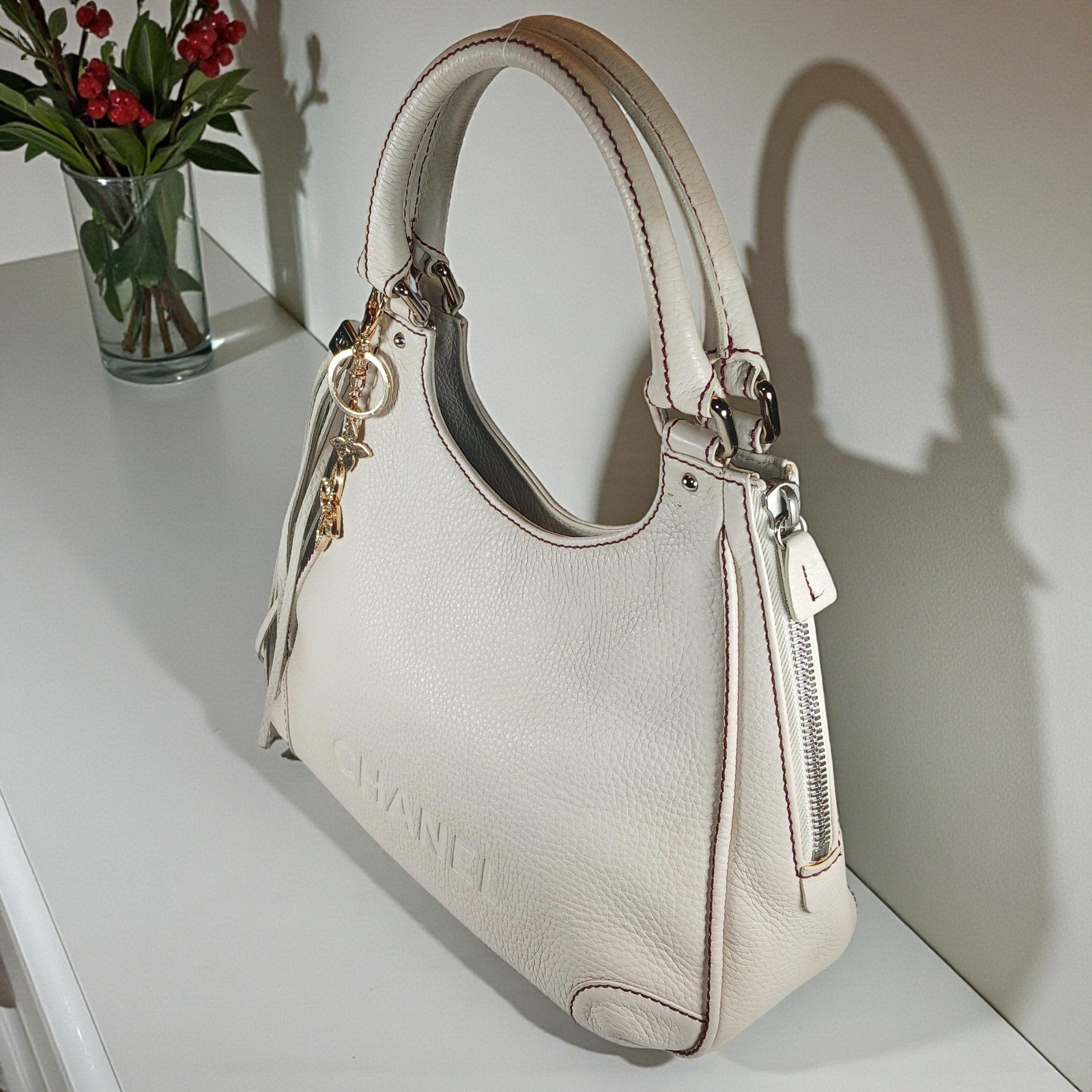 Chanel Logo Fringe White Caviar Leather Hobo Shoulder/Hand Bag