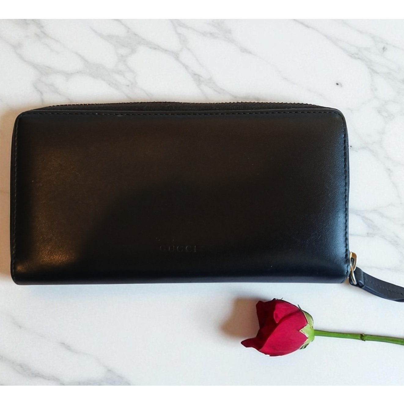 GUCCI GG Marmont Ribbon Long Wallet Round Zipper Black Leather - Authentic