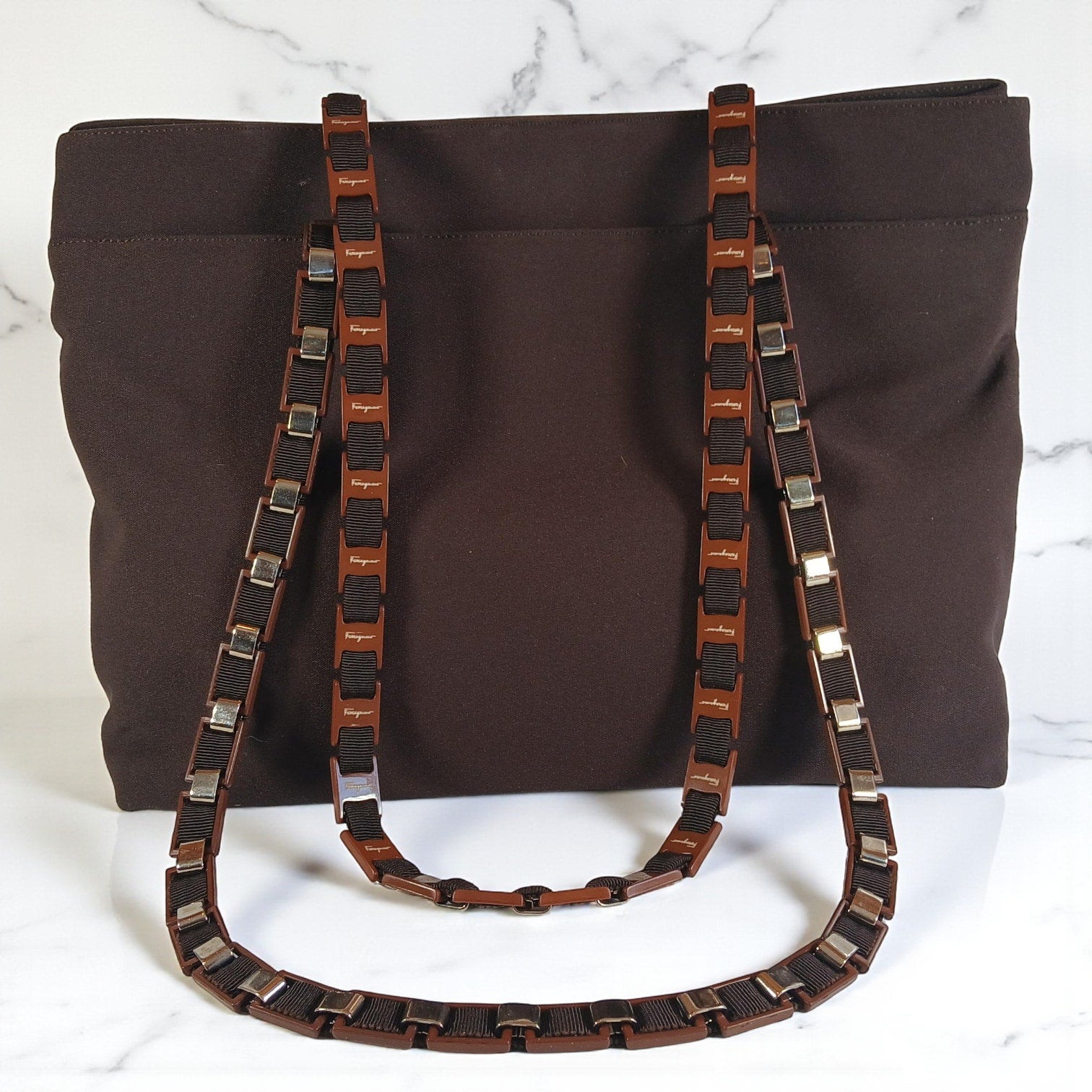 Salvatore Ferragamo Vala Tote in Brown Canvas with Logo Chain Strap