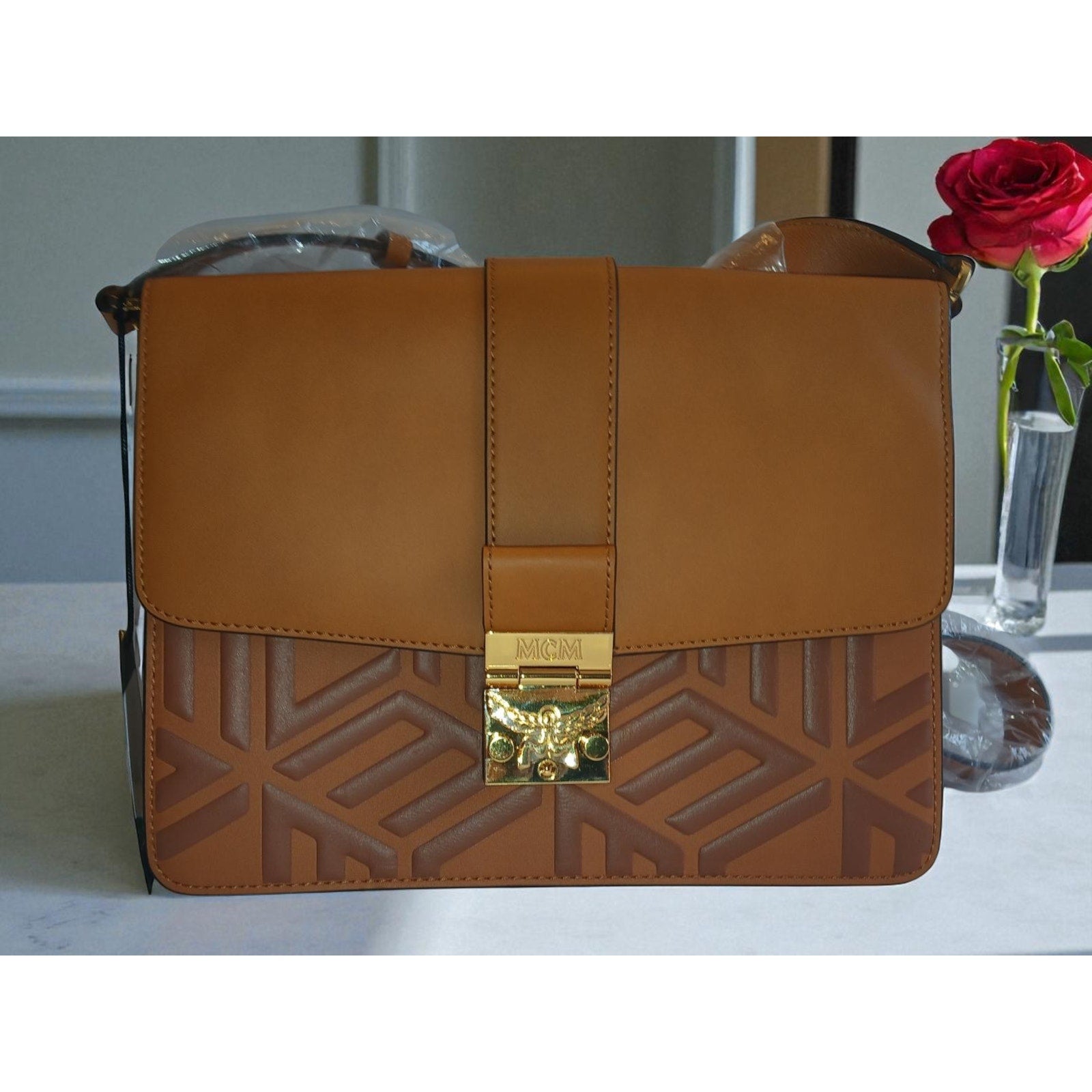 MCM Tracy Shoulder Bag in Cubic Logo Leather Cognac - NWT