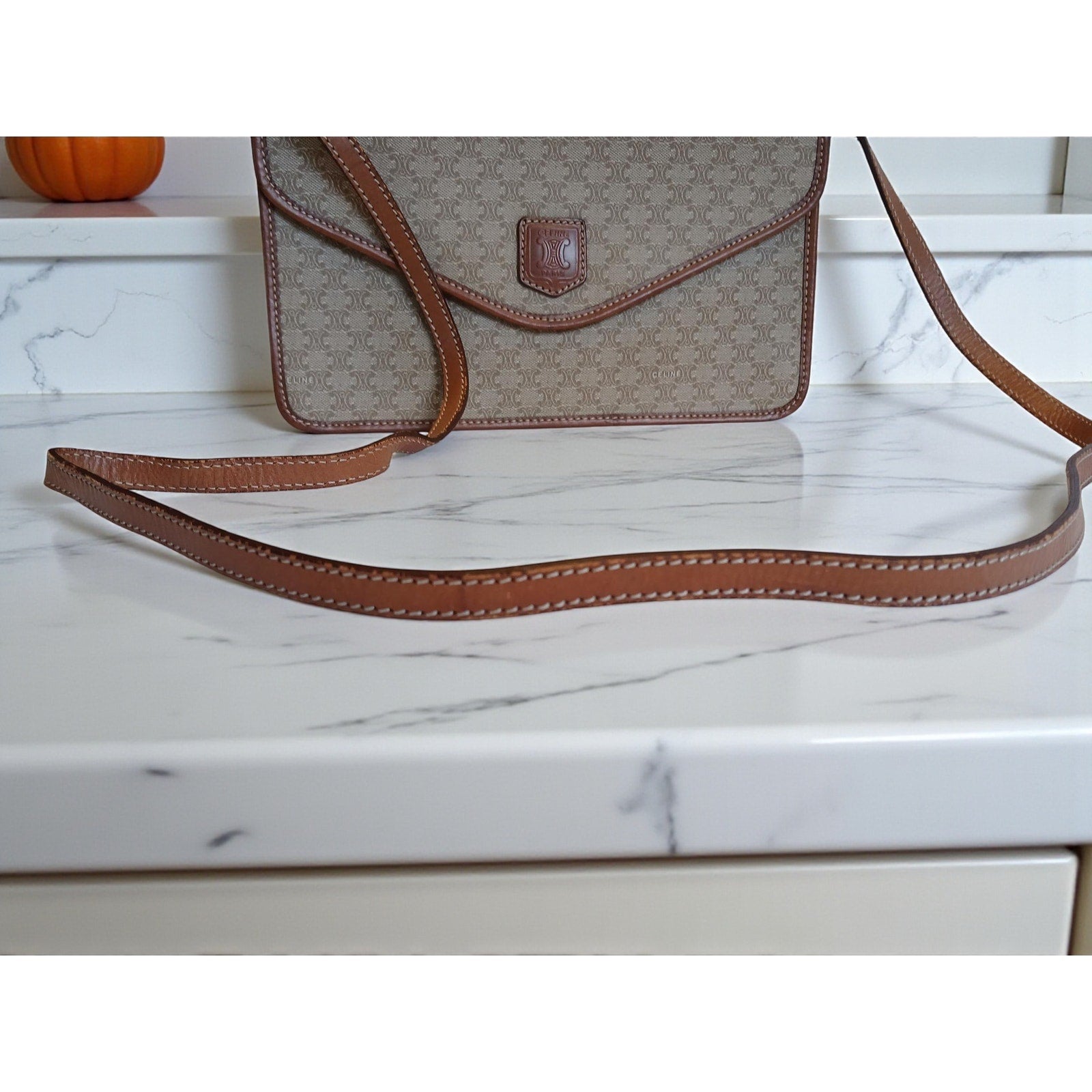 Authentic Celine Triomphe Logo Macadam Beige Crossbody Bag