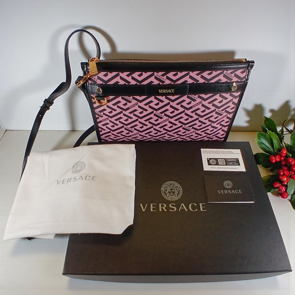 Versace La Greca Signature Coated Canvas Leather Crossbody Bag Pink/Black