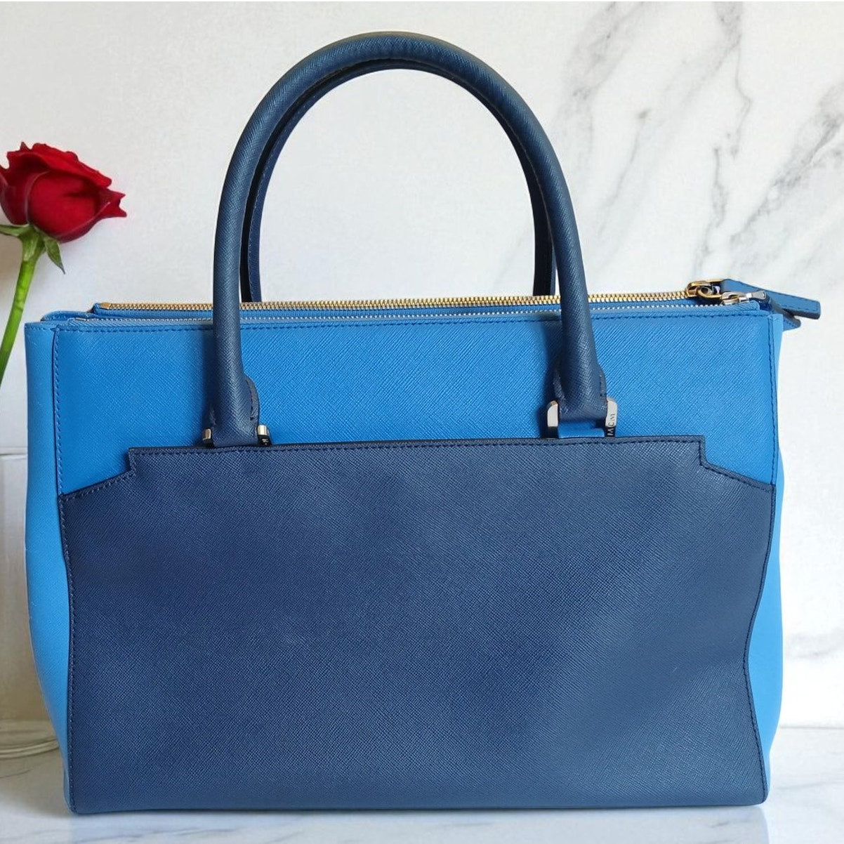 MCM Saffiano Leather Handbag Two-Tone Blue