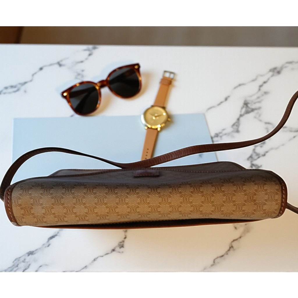 Authentic Celine Triomphe Logo Macadam Beige Crossbody Bag