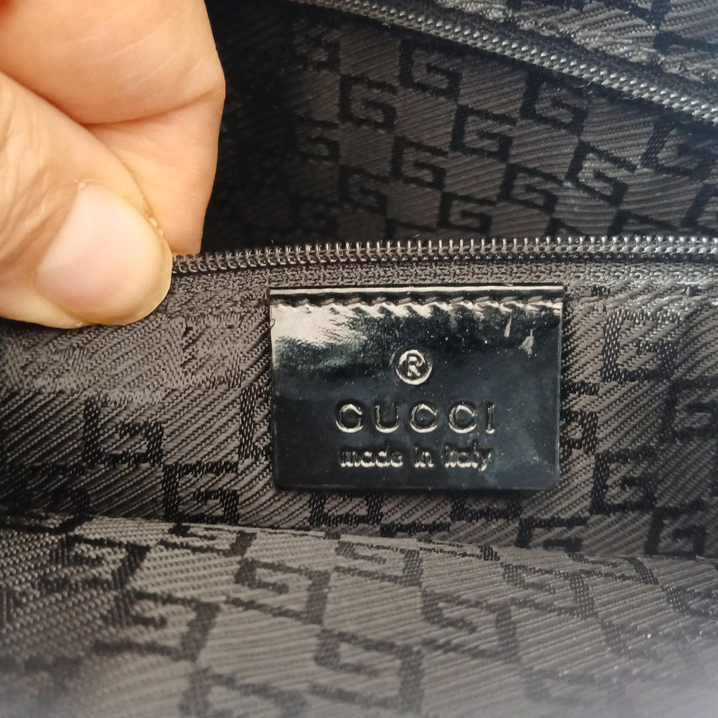 GUCCI Vintage Brown Canvas Tote Bag with Patent Leather Trim, Front Pocket