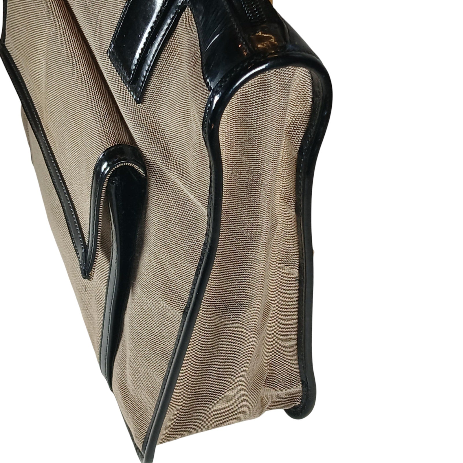 GUCCI Vintage Brown Canvas Tote Bag with Patent Leather Trim, Front Pocket