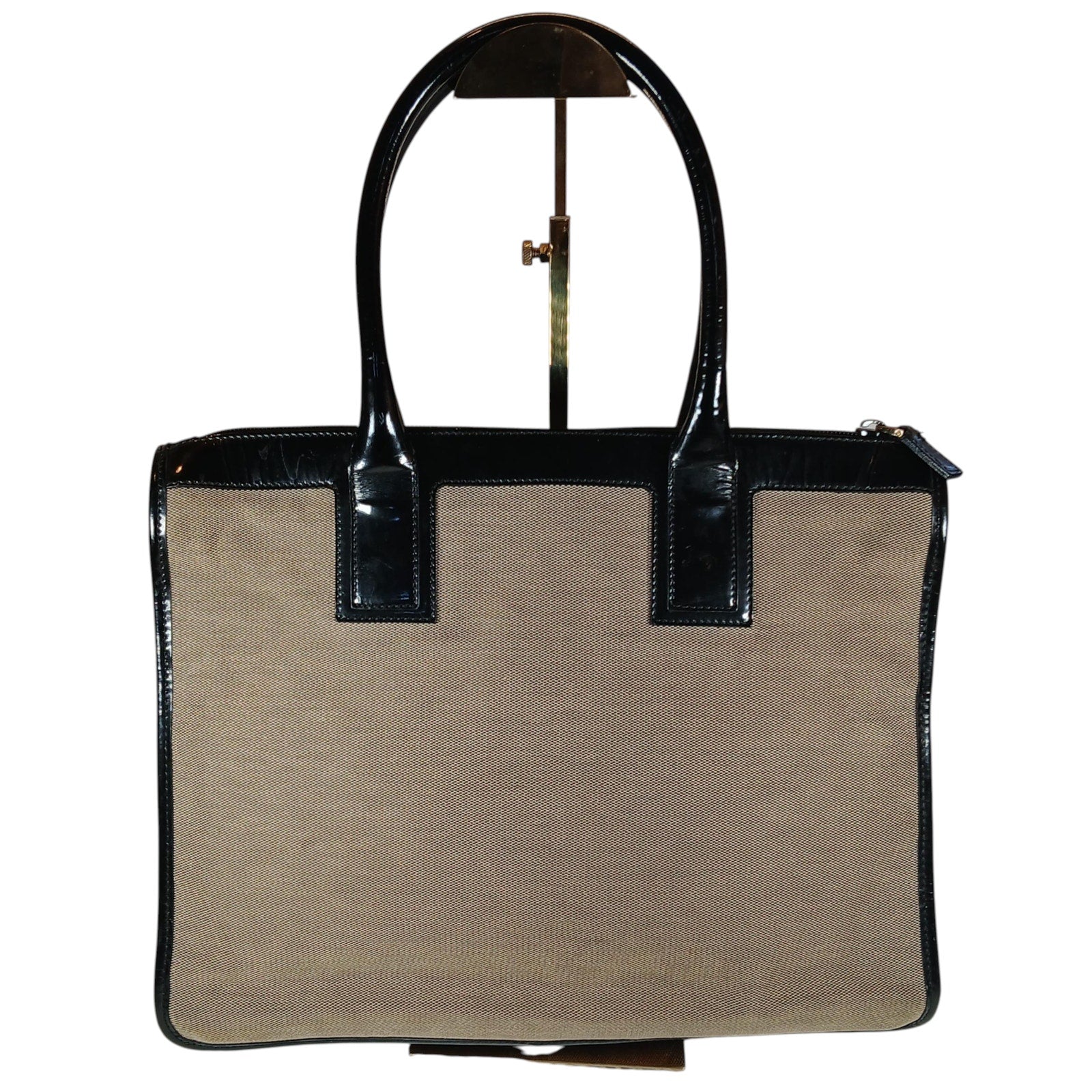 GUCCI Vintage Brown Canvas Tote Bag with Patent Leather Trim, Front Pocket