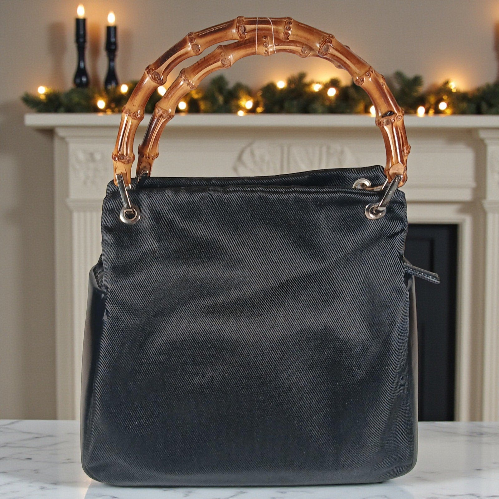 Gucci Bamboo handle Black Nylon & leather Tote bag Authentic