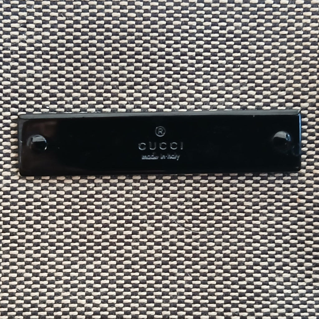 GUCCI Vintage Brown Canvas Tote Bag with Patent Leather Trim, Front Pocket