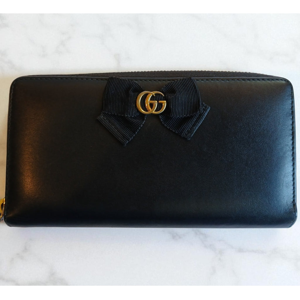 GUCCI GG Marmont Ribbon Long Wallet Round Zipper Black Leather - Authentic