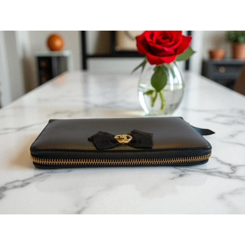 GUCCI GG Marmont Ribbon Long Wallet Round Zipper Black Leather - Authentic