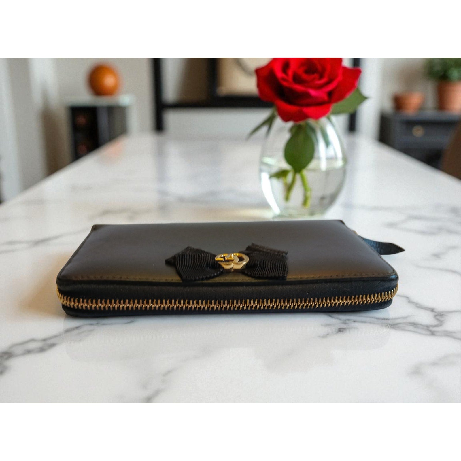 GUCCI GG Marmont Ribbon Long Wallet Round Zipper Black Leather - Authentic