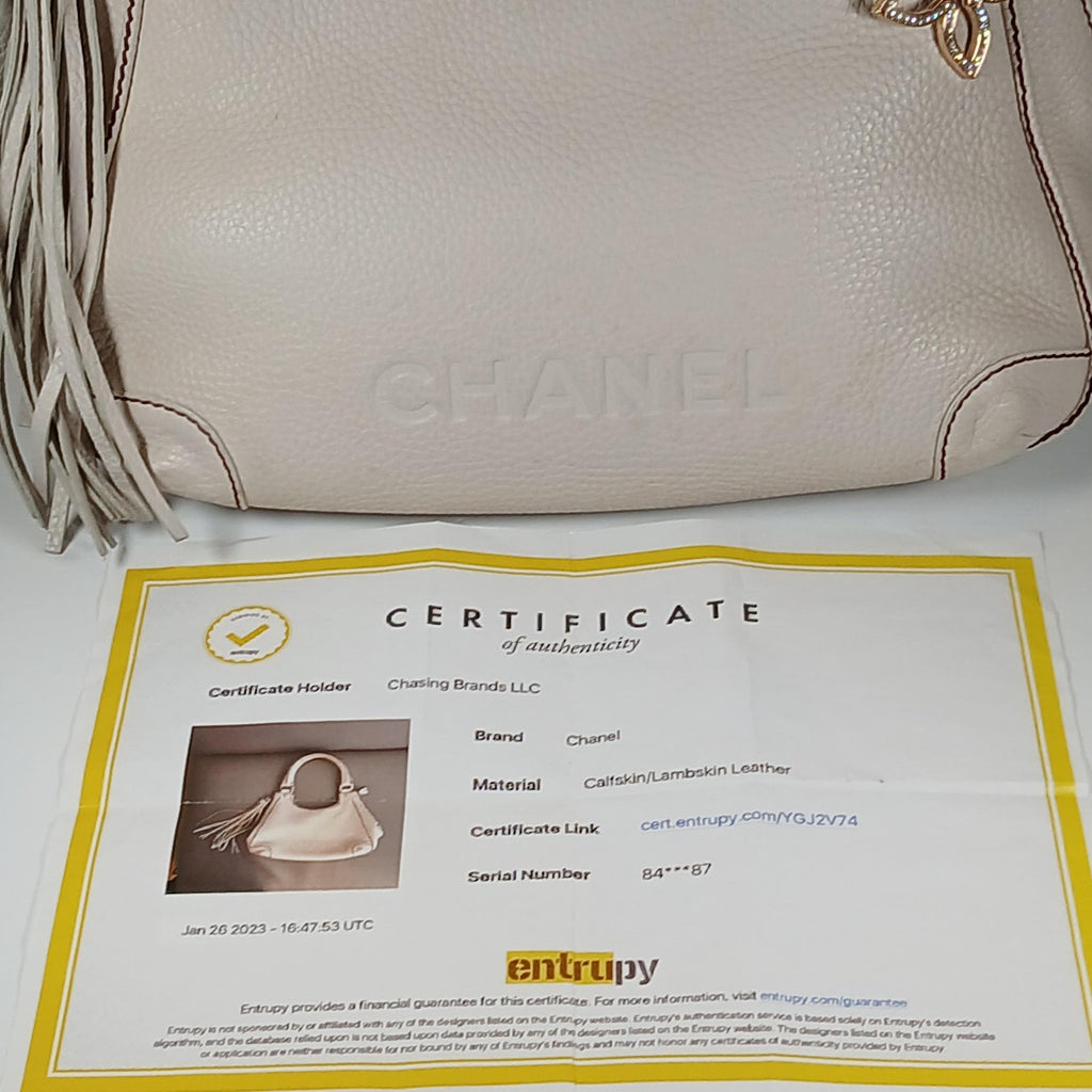Chanel Logo Fringe White Caviar Leather Hobo Shoulder/Hand Bag
