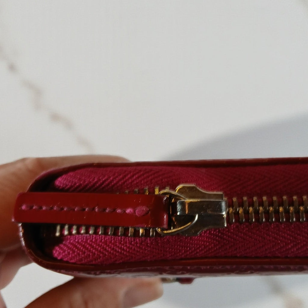 Gucci Shima GG Belted Zip Around Pink Enamel Leather Micro Long Wallet