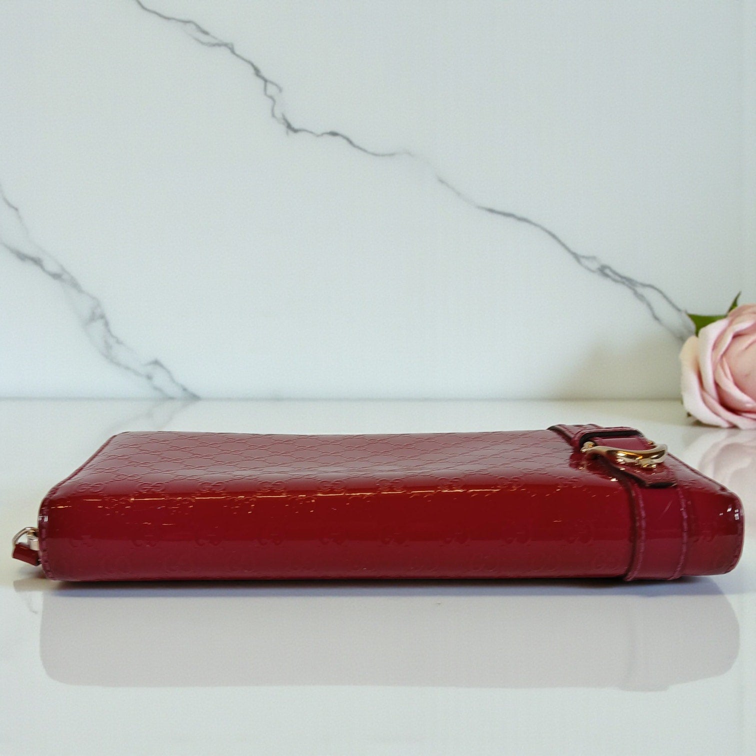 Gucci Shima GG Belted Zip Around Pink Enamel Leather Micro Long Wallet