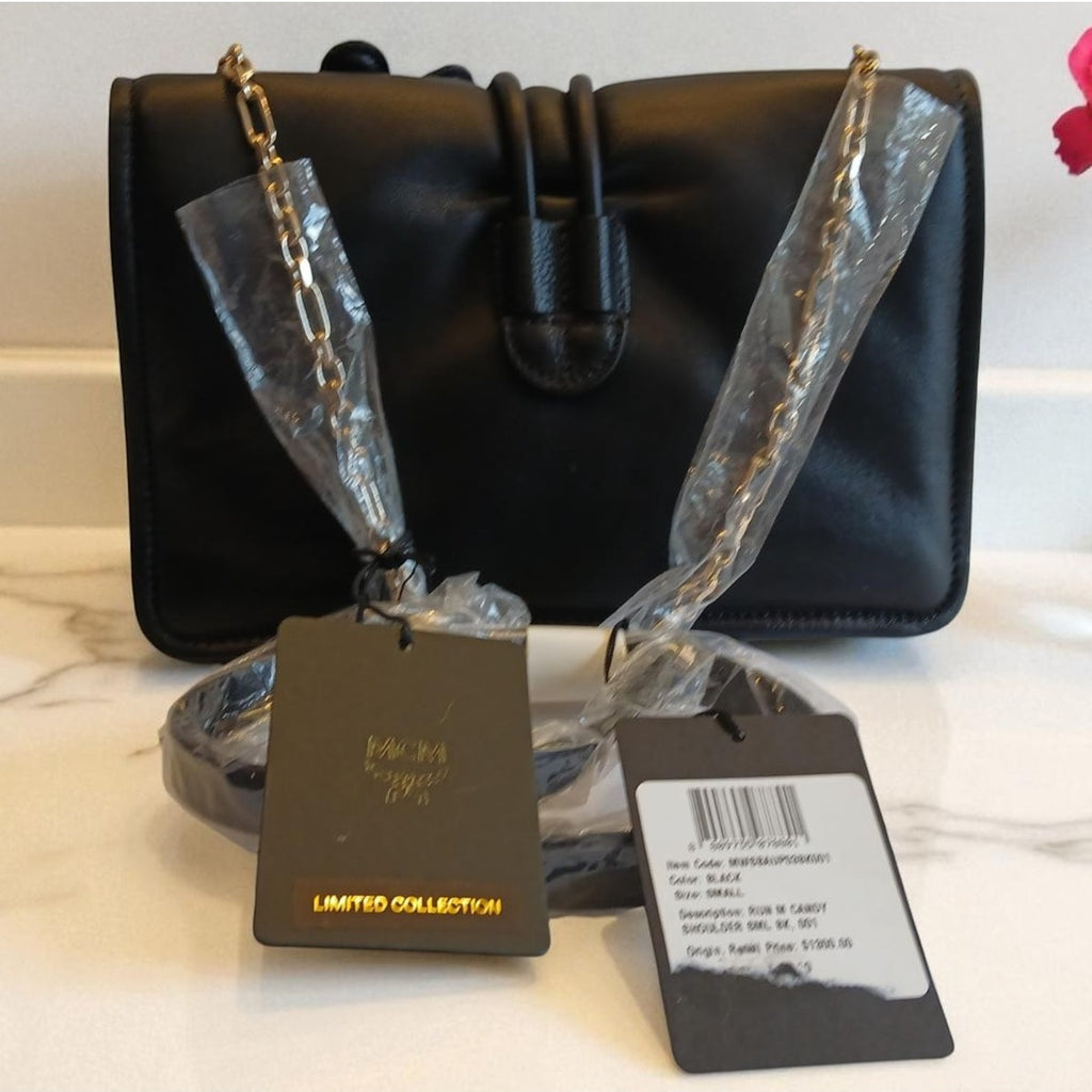 NWT MCM LIMITED COLLECTION Run Candy Floral Appliqué Leather Shoulder Bag Black