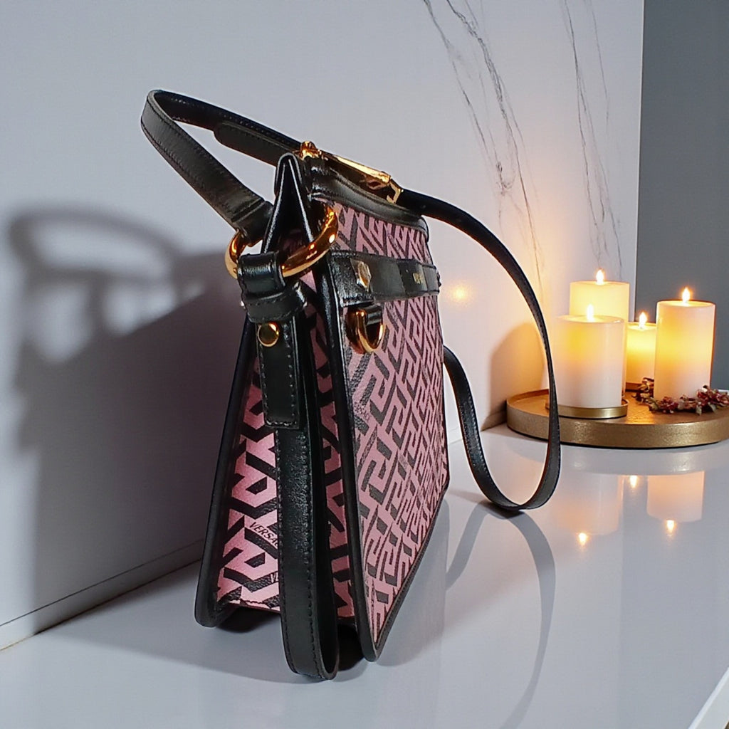 Versace La Greca Signature Coated Canvas Leather Crossbody Bag Pink/Black