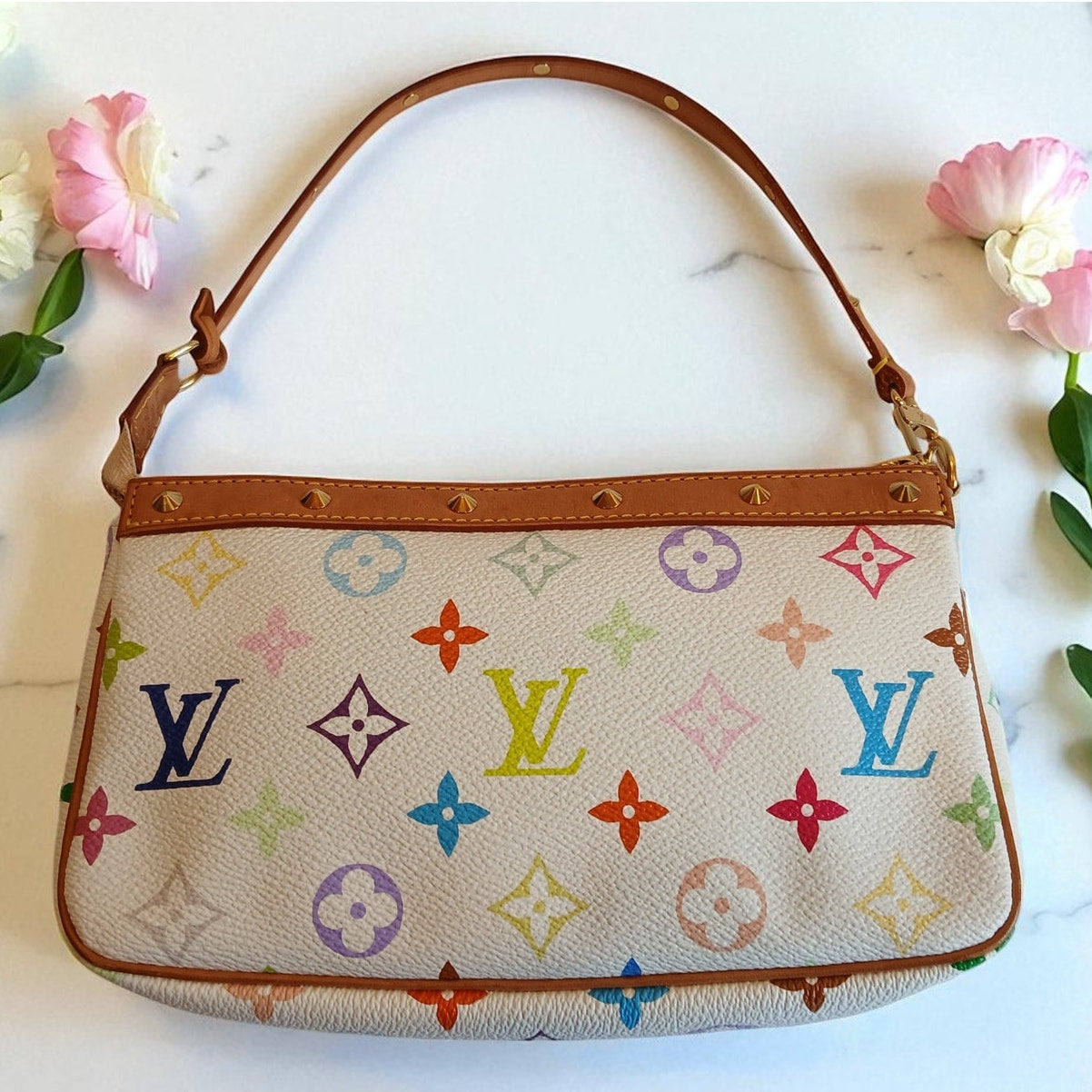 Authentic Louis Vuitton Multicolor Murakami Pochette Top Handle Bag