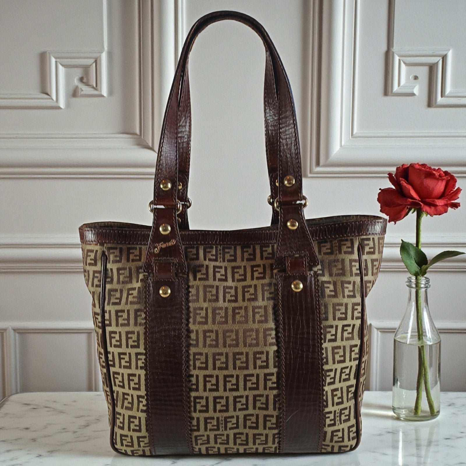 Fendi Authentic Vintage Zucchino Logo Canvas Tote Bag