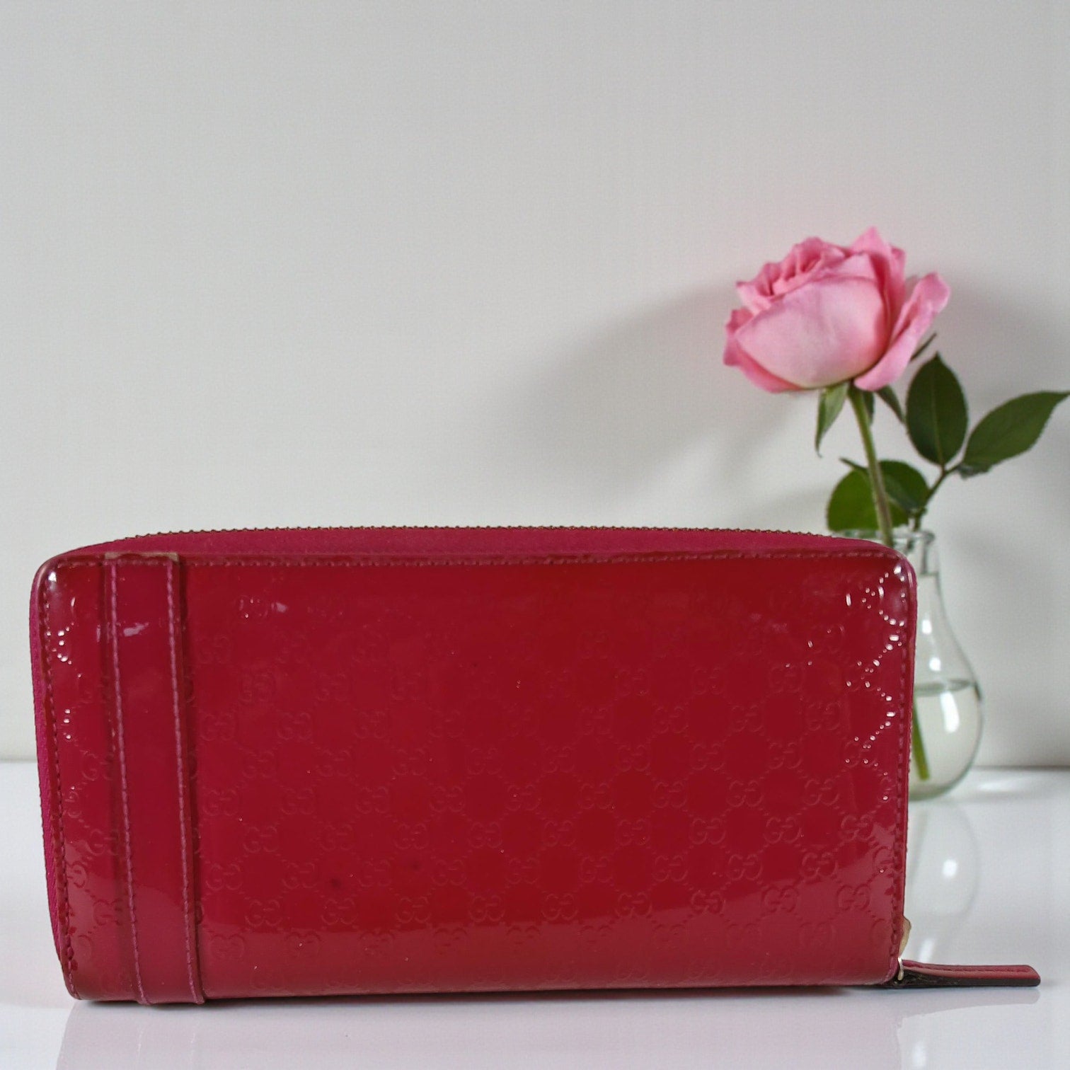 Gucci Shima GG Belted Zip Around Pink Enamel Leather Micro Long Wallet