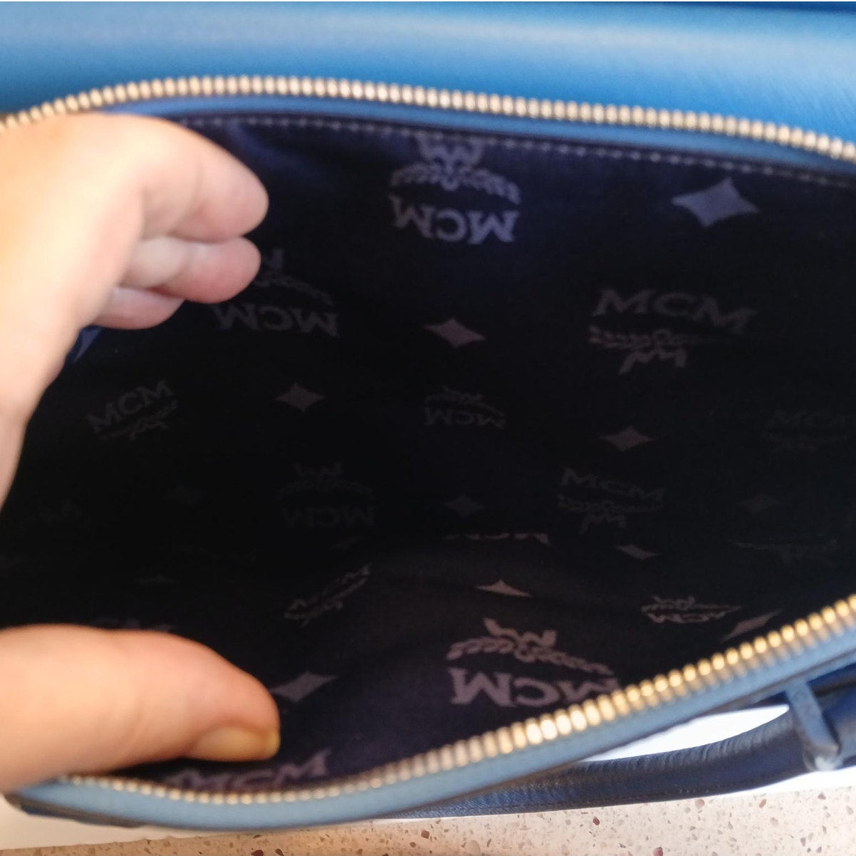 MCM Saffiano Leather Handbag Two-Tone Blue