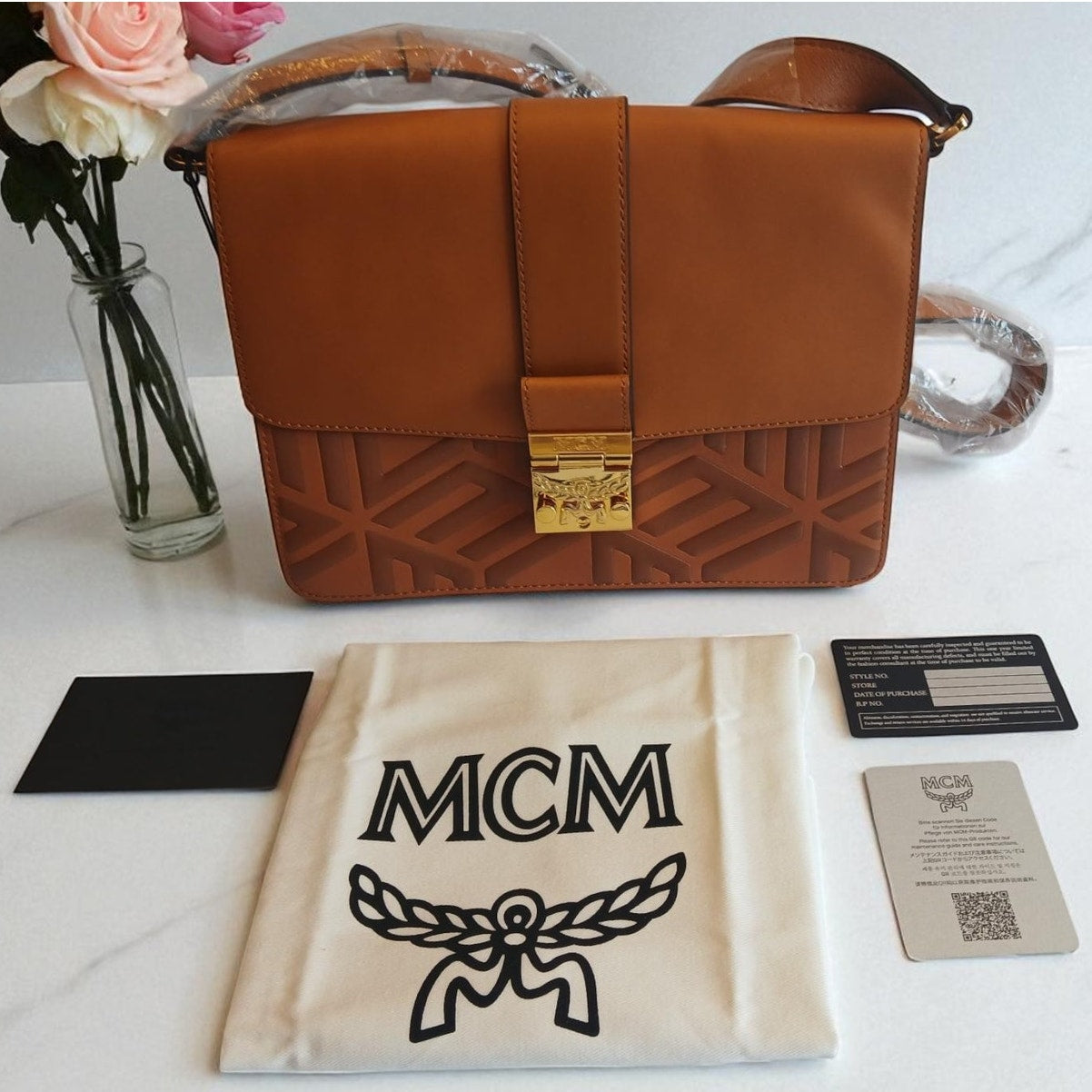 MCM Tracy Shoulder Bag in Cubic Logo Leather Cognac - NWT