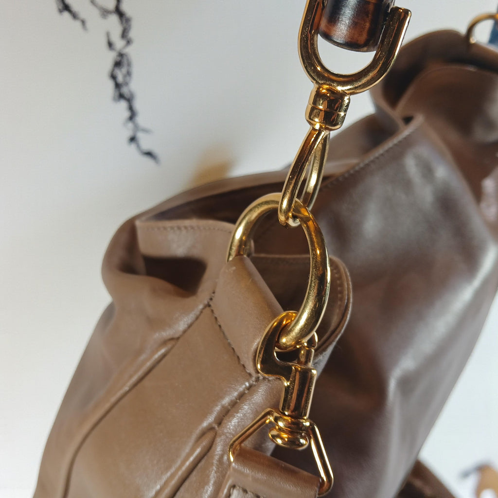 GUCCI Bamboo Shoulder/Hand Bag Leather Brown Gold