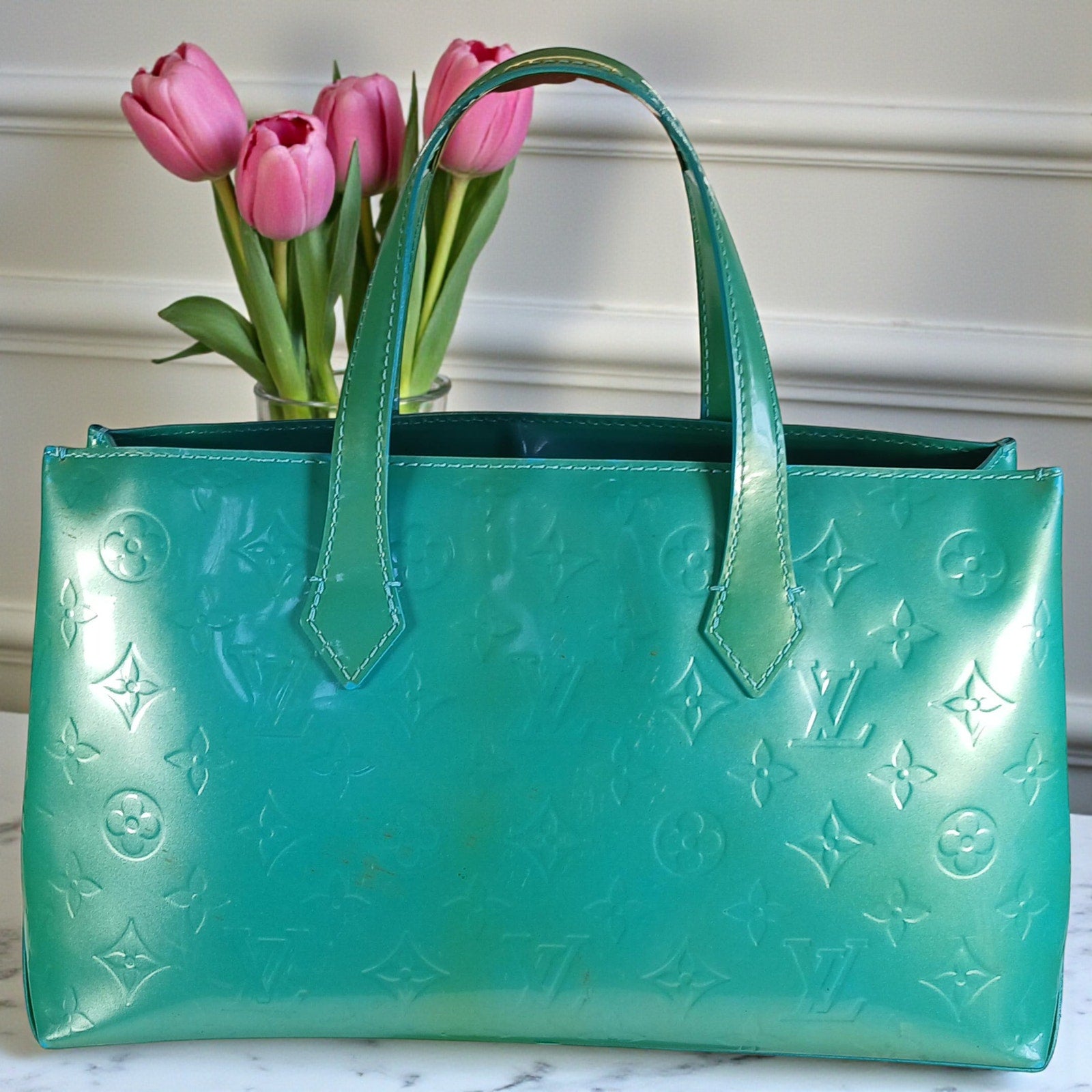 Louis Vuitton Monogram Vernis Wilshire PM Handbag Blue Lagon *RARE*