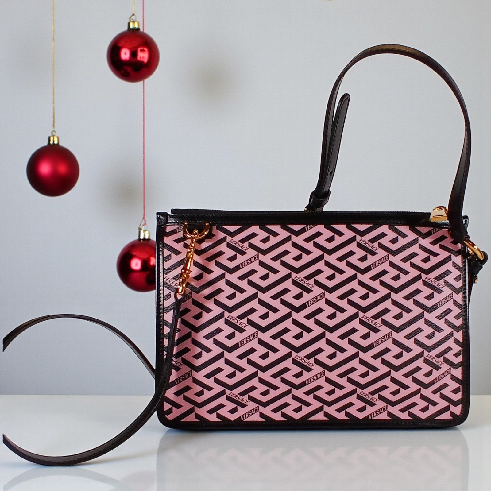 Versace La Greca Signature Coated Canvas Leather Crossbody Bag Pink/Black
