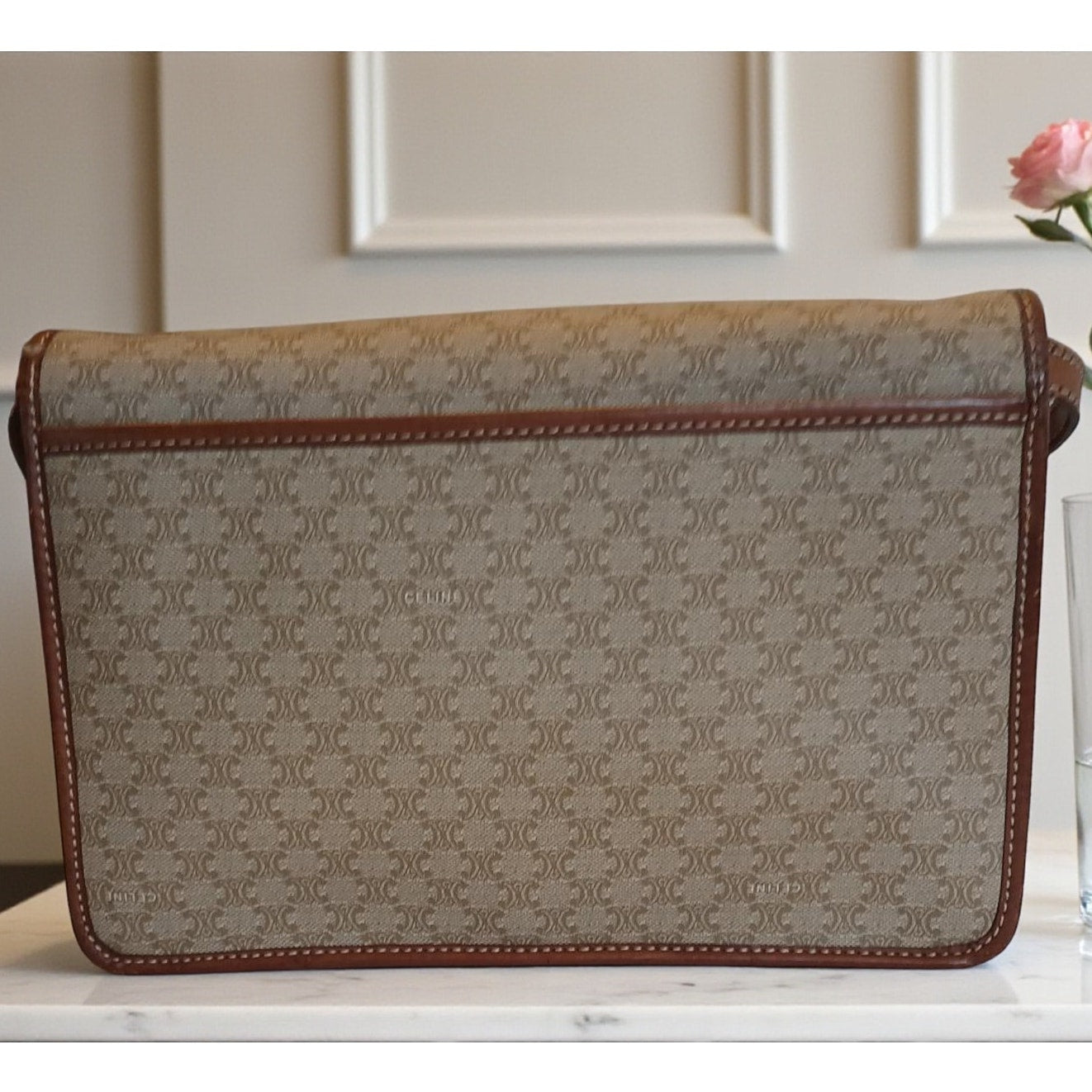 Authentic Celine Triomphe Logo Macadam Beige Crossbody Bag