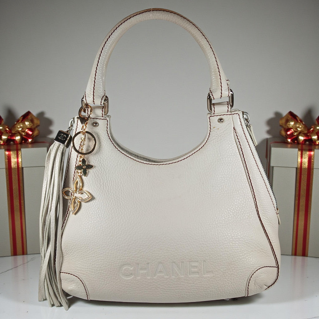 Chanel Logo Fringe White Caviar Leather Hobo Shoulder/Hand Bag