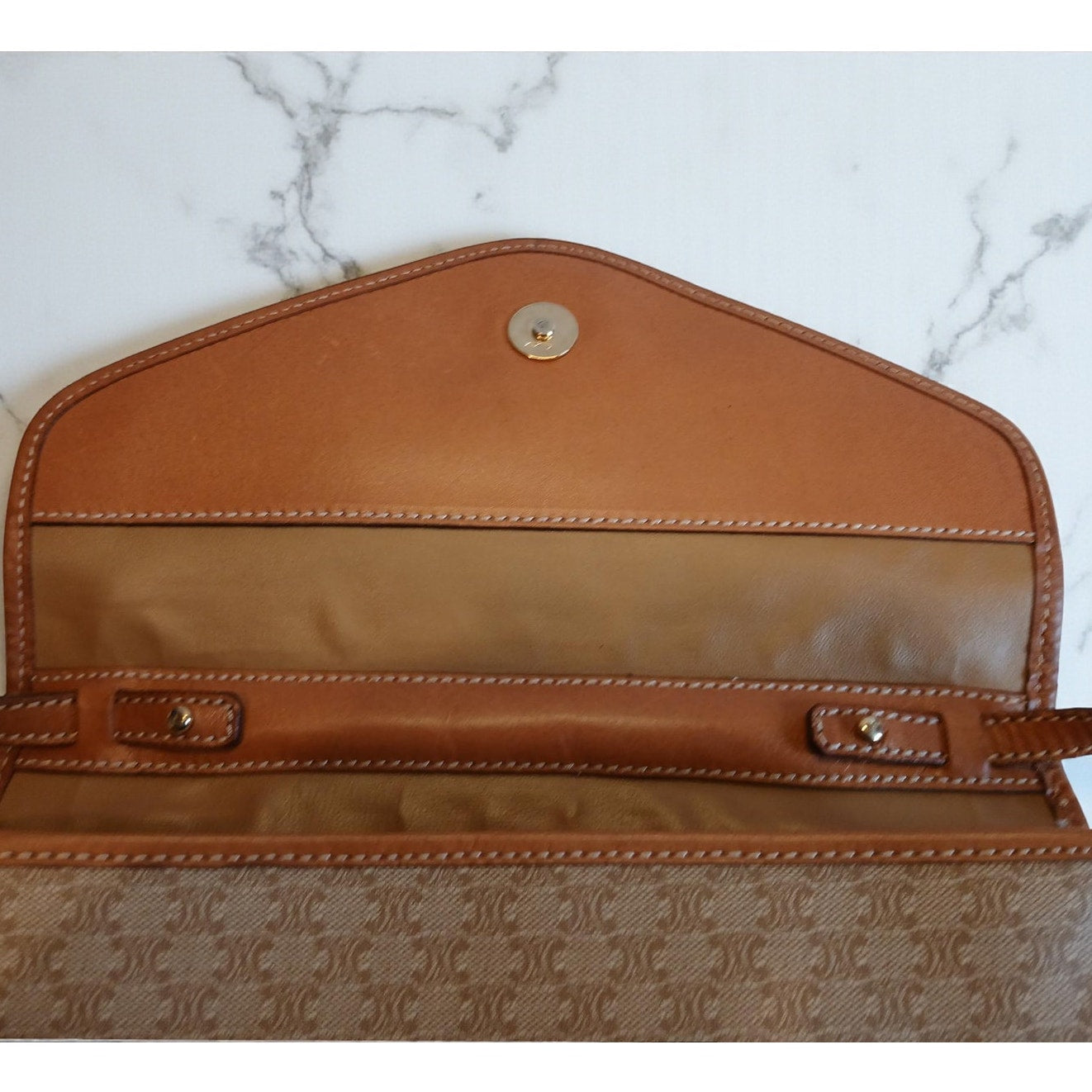 Authentic Celine Triomphe Logo Macadam Beige Crossbody Bag