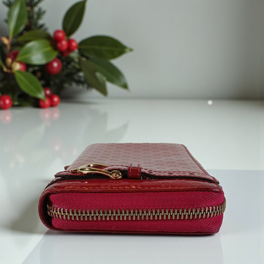 Gucci Shima GG Belted Zip Around Pink Enamel Leather Micro Long Wallet