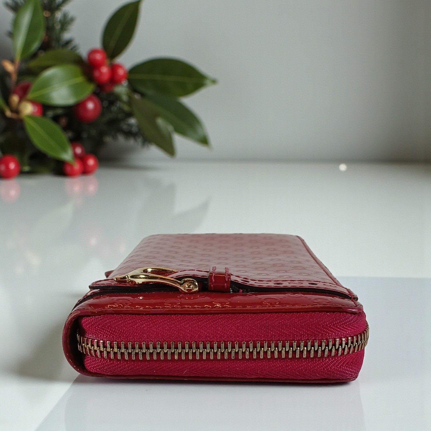 Gucci Shima GG Belted Zip Around Pink Enamel Leather Micro Long Wallet