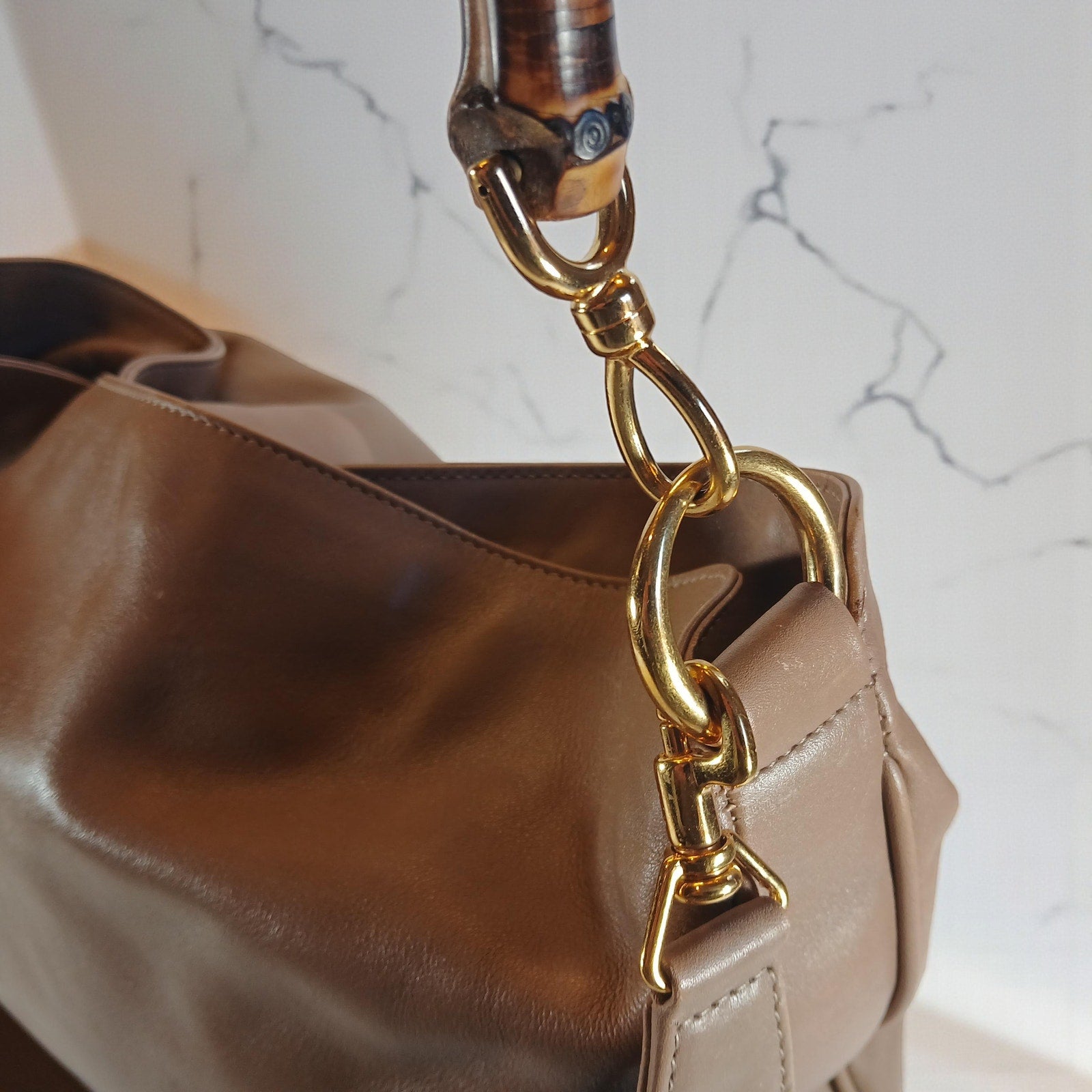GUCCI Bamboo Shoulder/Hand Bag Leather Brown Gold