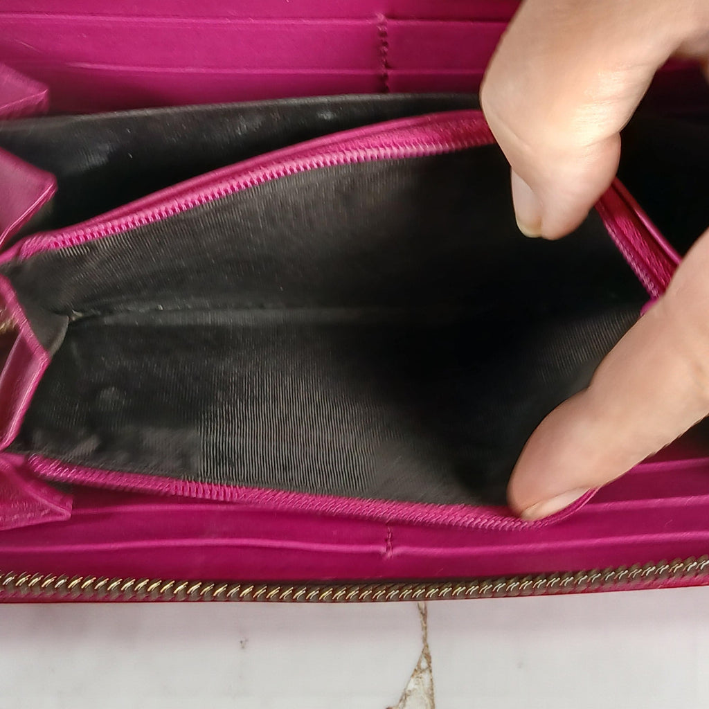 Gucci Shima GG Belted Zip Around Pink Enamel Leather Micro Long Wallet