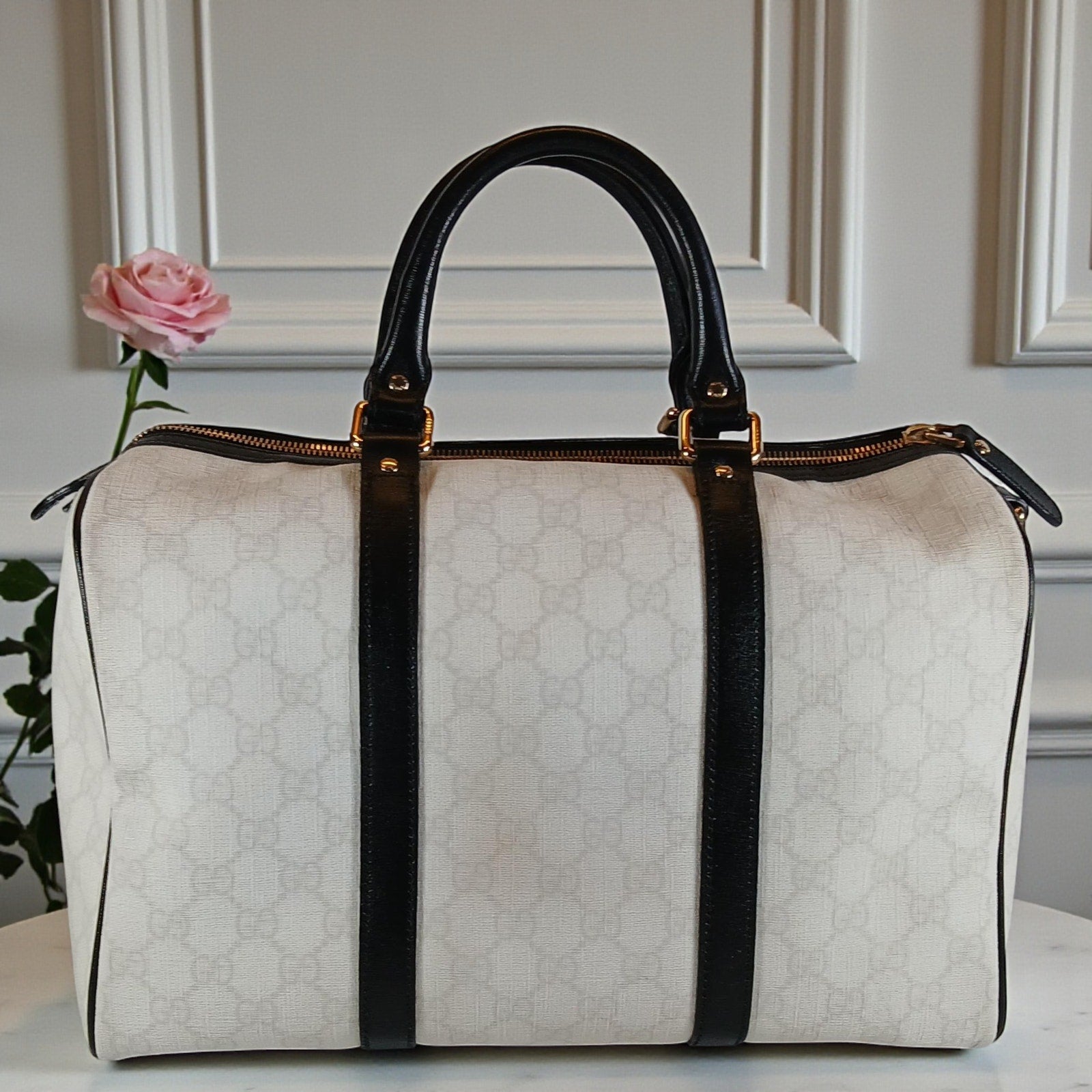 Gucci White GG Supreme Canvas Joy Bag with Black Leather Trim